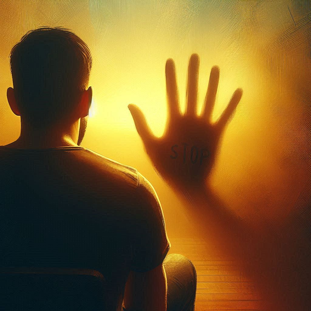 A man at rest, STOP written on his hand — Day 23, Think Fast