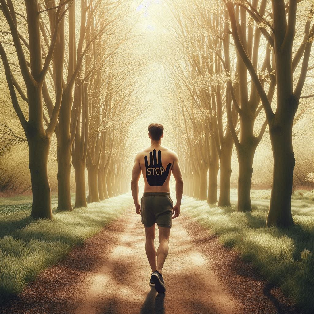 A man walking a spring path, STOP on his hand on his back— Day 24, Think Fast