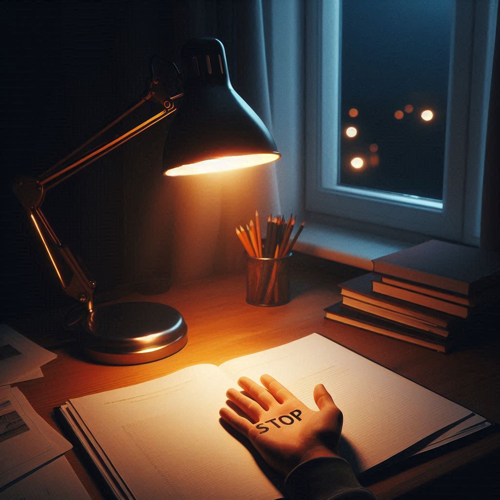 A late evening desk, hand showing STOP — automatic habits noticed and left, Day 9, Think Fast