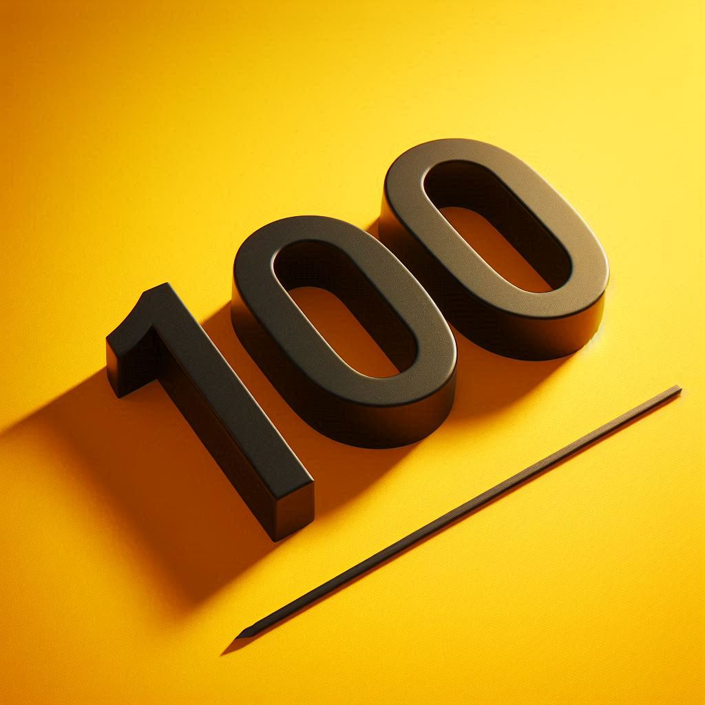 The number 100 on a scale, bang on the line, a milestone moment — Day 32, Think Fast