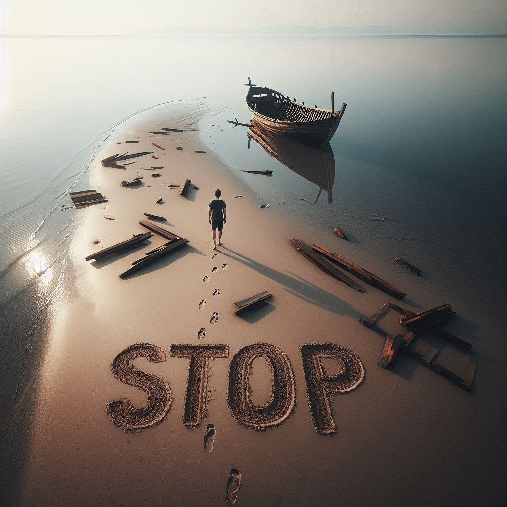 Walking the shore, STOP written in the sand — Day 41, Think Fast